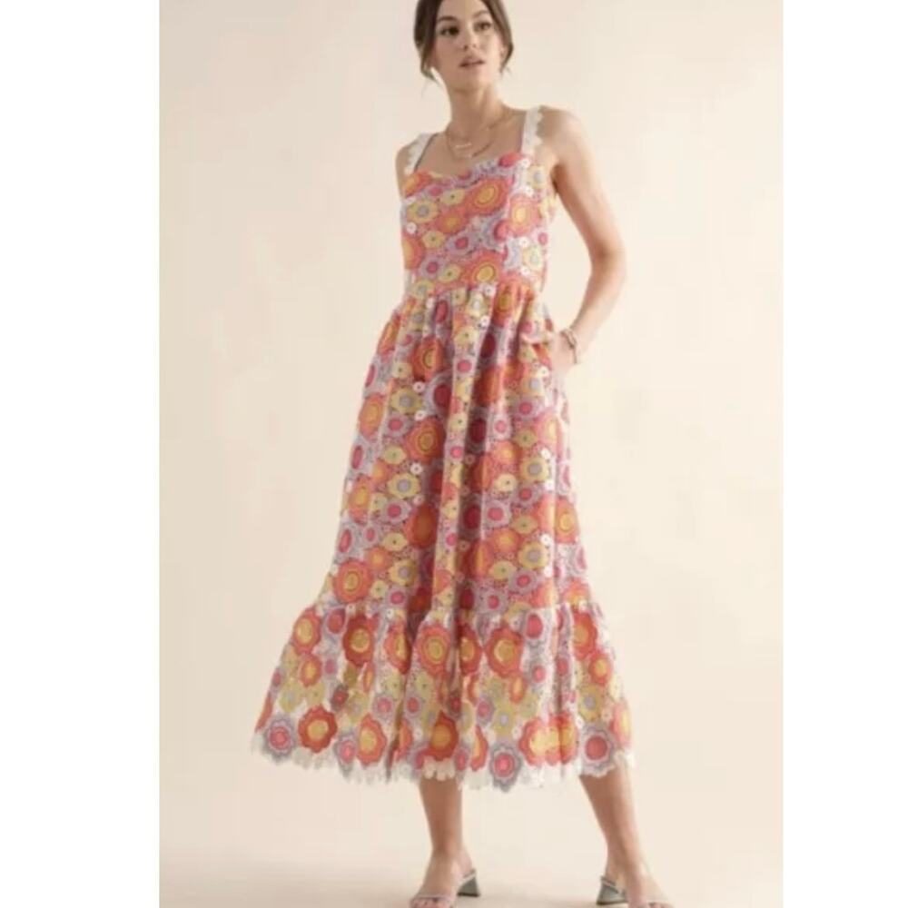 Just Me Work Of Art Womens Dress M Coral Yellow Floral Midi‎ Lace Easter Spring
